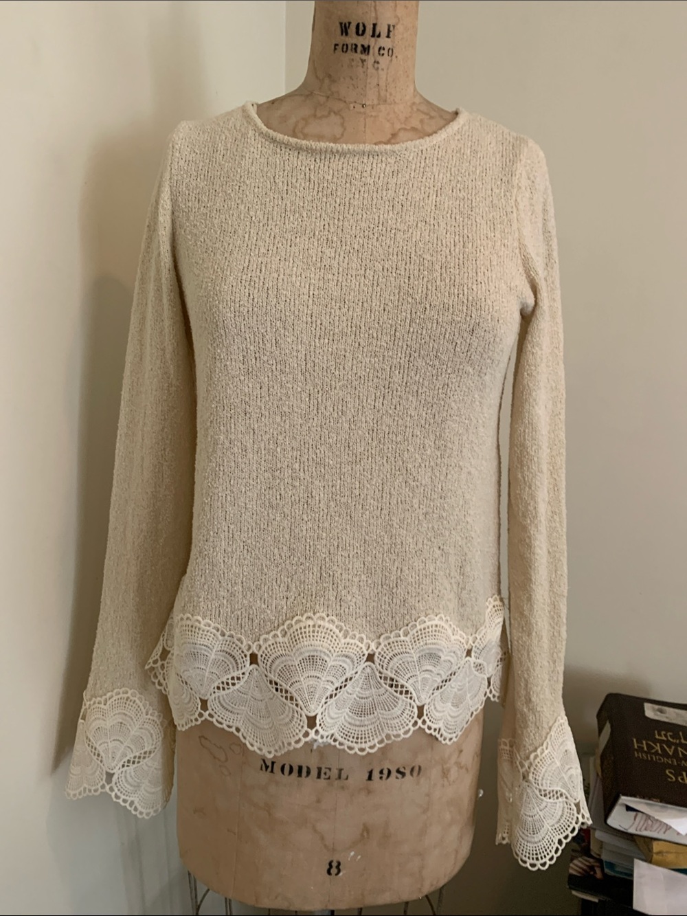 New with tags Zara Cream Lace-Hem Crewneck Sweater